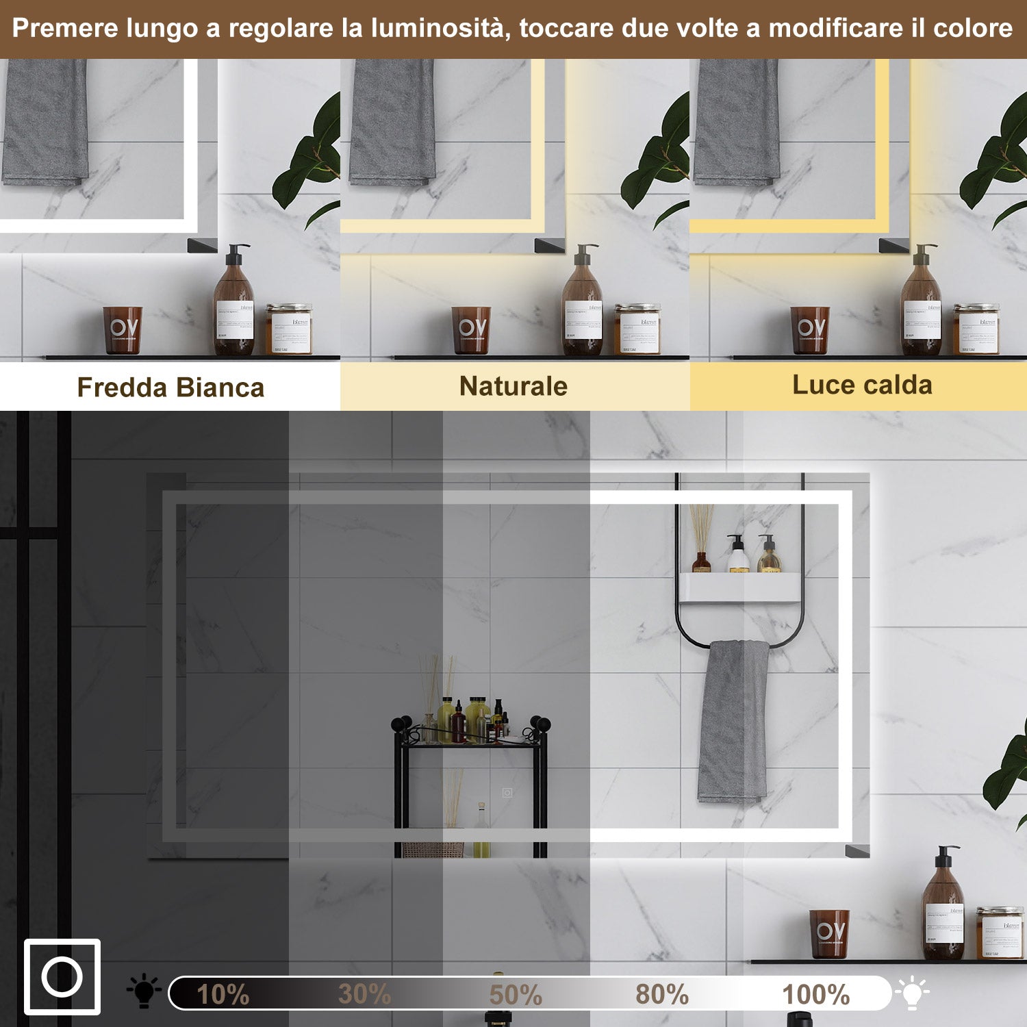 AICA Specchio da bagno  80 x 150 cm, dimmerabile, interruttore touch, Funzione Memoria, antiappannamento, 3 colori