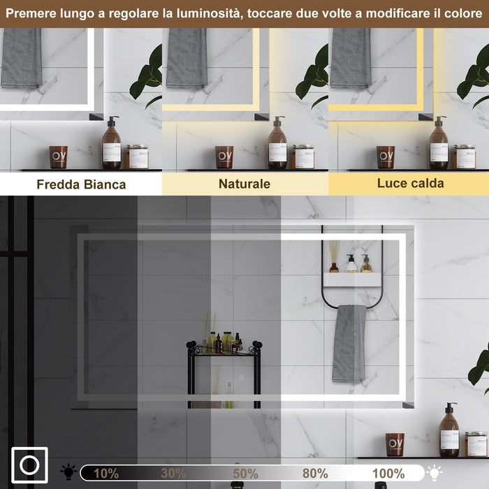 AICA Specchio da bagno  80 x 150 cm, dimmerabile, interruttore touch, Funzione Memoria, antiappannamento, 3 colori