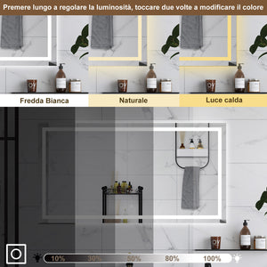 AICA Specchio da bagno  80 x 120 cm, dimmerabile, interruttore touch, Funzione Memoria, antiappannamento, 3 colori