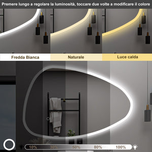 AICA Specchio da bagno 120 x 80 cm, dimmerabile, Funzione Memoria, antiappannamento, 3 colori