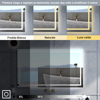 Specchio da bagno Rettangolare con 150x80cm,3 colori,Memoria, Antifog,Regorabile,Retroilluminato,doppio interruttore,