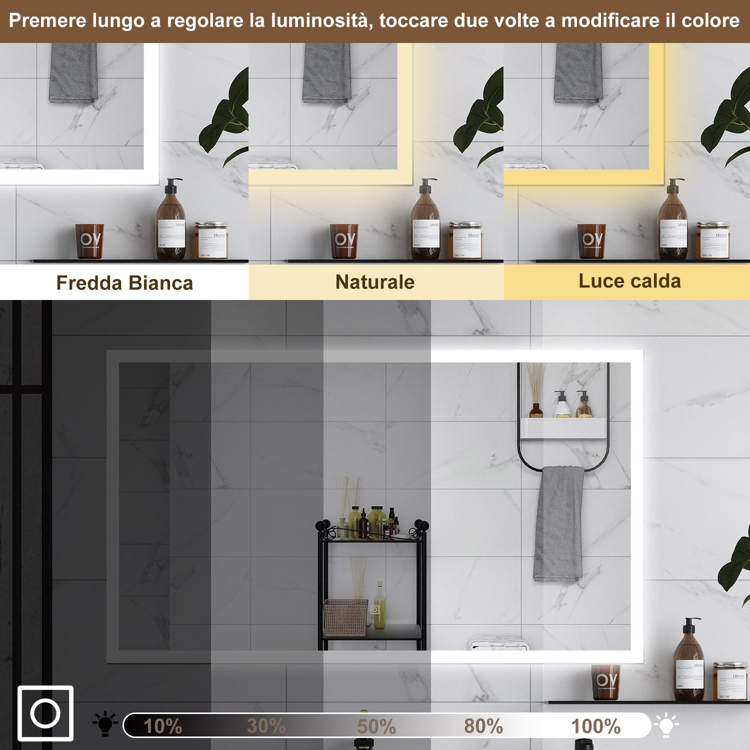 AICA Specchio da bagno  50 x 70 cm, dimmerabile, Funzione Memoria, antiappannamento, 3 colori