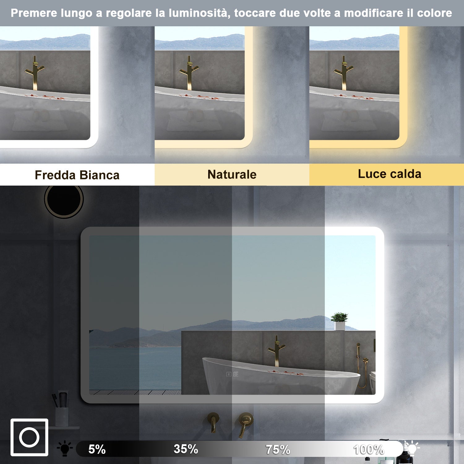 Specchio da bagno Rettangolare con 120x70cm,Blue tooth,3 colori,Memoria, Antifog,Regorabile,Retroilluminato,doppio interruttore,