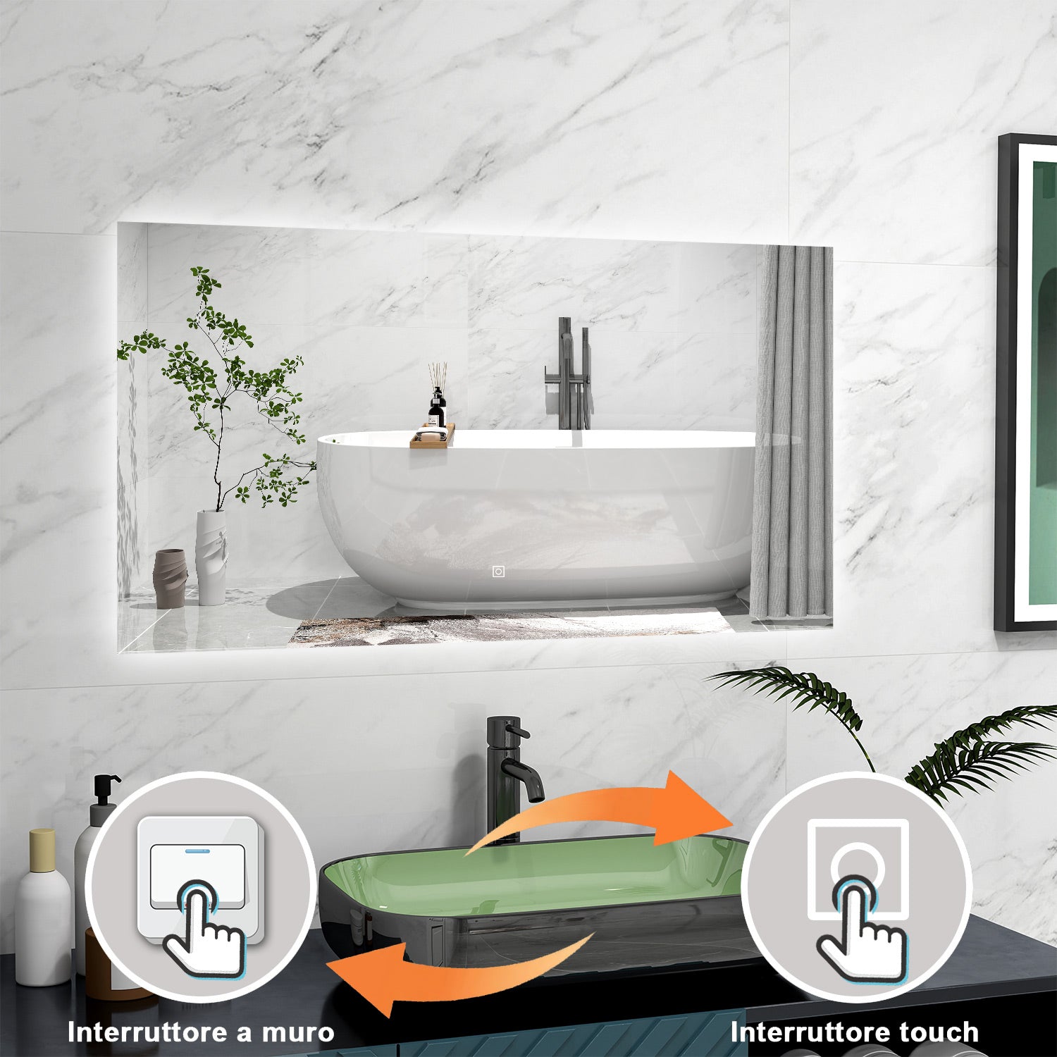 AICA Specchio da bagno 100 x 60 cm, antiappannamento, Regorabile, interruttore touch, Funzione Memoria