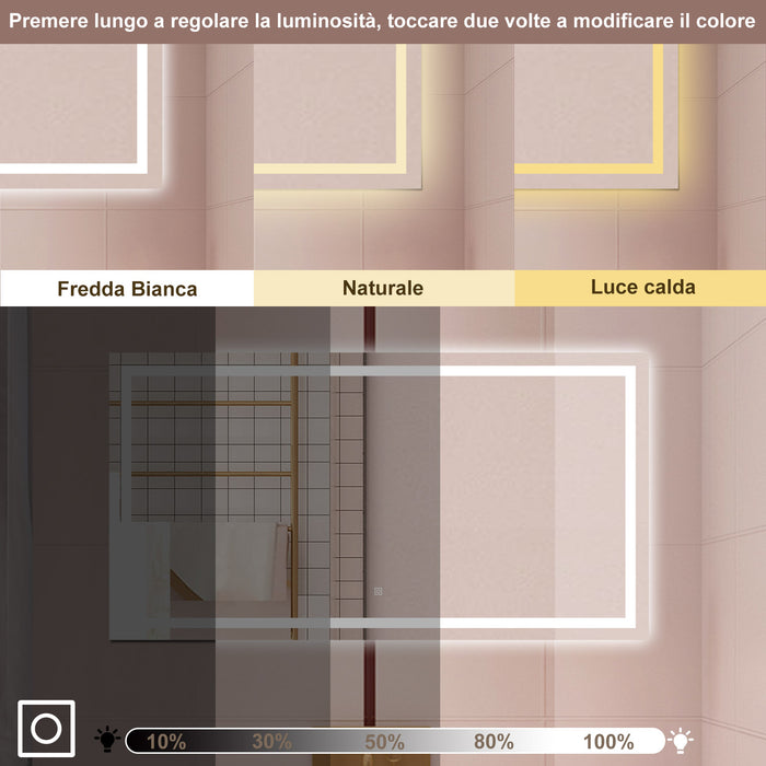 AICA Specchio da bagno  80 x 150 cm, dimmerabile, interruttore touch, Funzione Memoria, antiappannamento, 3 colori