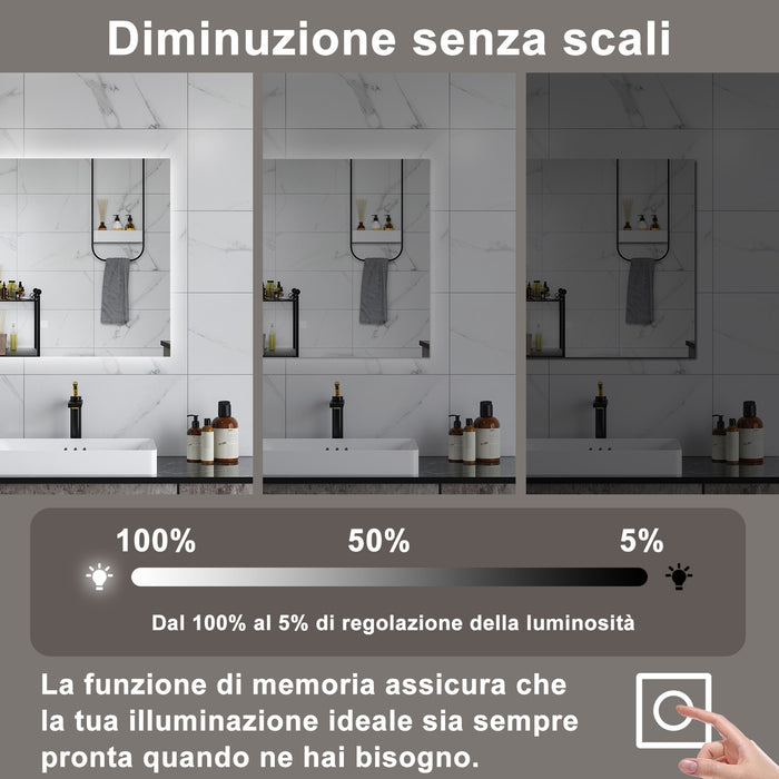 AICA Specchio da bagno 120 x 70 cm, antiappannamento, dimmerabile, interruttore touch, Funzione Memoria