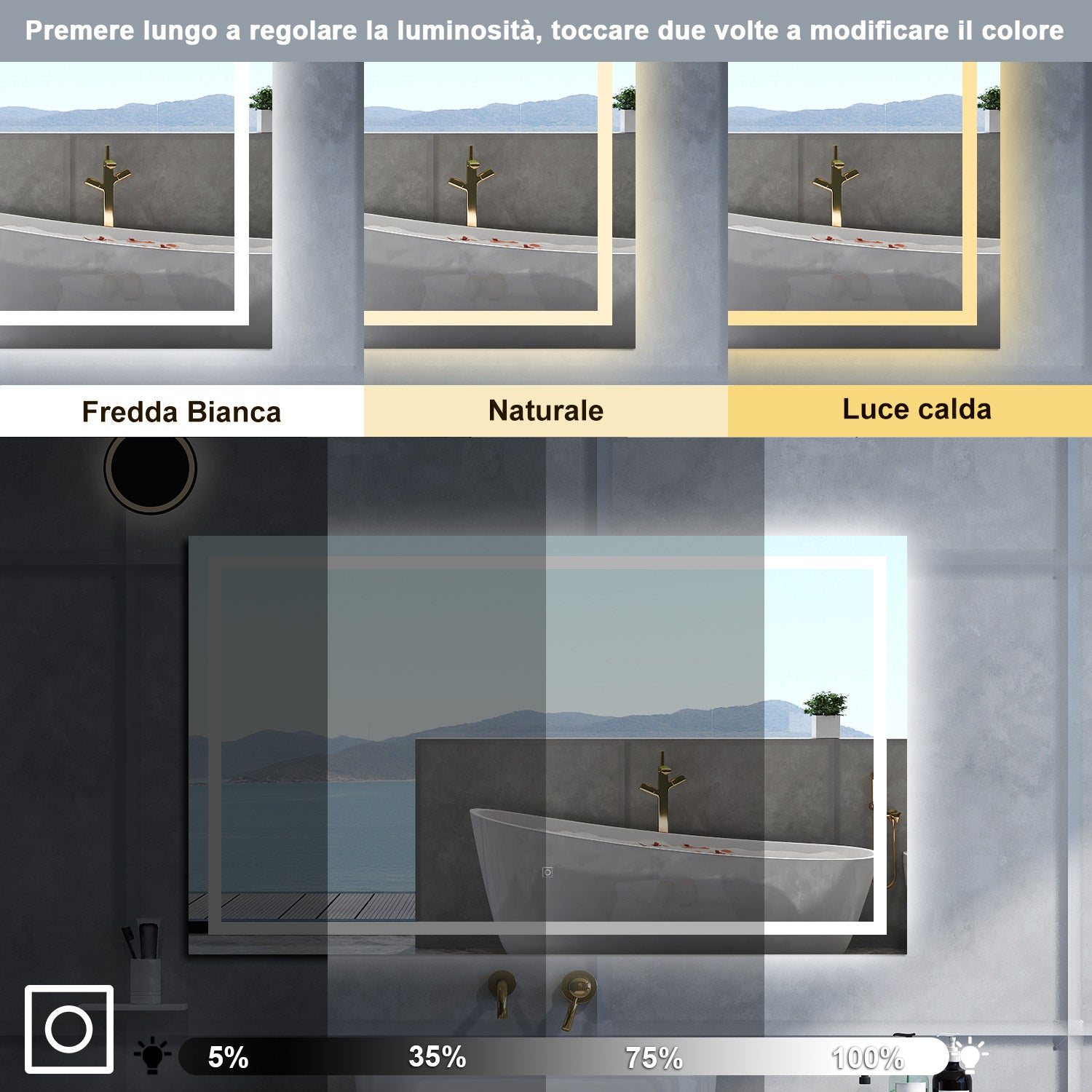 Specchio da bagno Rettangolare con 70x50cm,3 colori,Memoria, Antifog,Regorabile,Retroilluminato,doppio interruttore,