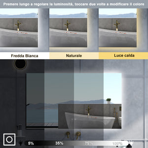 Specchio da bagno Rettangolare con 100x60cm,3 colori,Memoria, Antifog,Regorabile,Retroilluminato,doppio interruttore,
