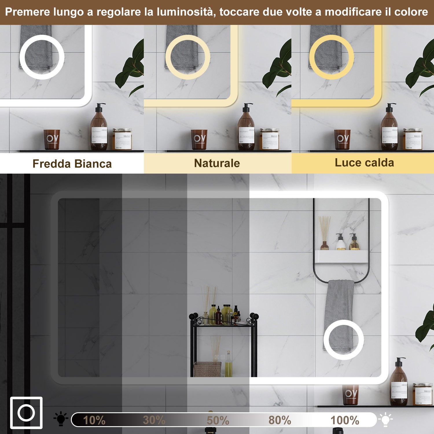 AICA Specchio da bagno  100 x 60 cm, dimmerabile, Blue tooth, Funzione Memoria, antiappannamento, 3 colori, Magnificatore