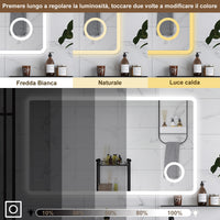 AICA Specchio da bagno  100 x 60 cm, dimmerabile, Blue tooth, Funzione Memoria, antiappannamento, 3 colori, Magnificatore