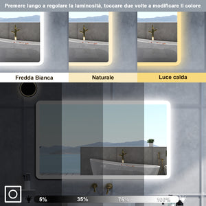 Specchio da bagno Rettangolare con 100x60cm,Blue tooth,3 colori,Memoria, Antifog,Regorabile,Retroilluminato,doppio interruttore,
