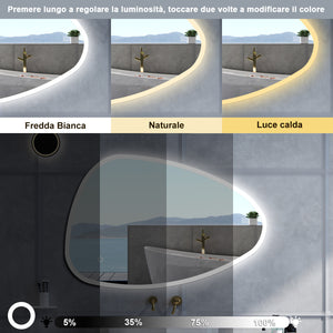 Specchio da bagno Asimmetrico con 120x80cm,3 colori,Memoria, Antifog,Regorabile,Retroilluminato,doppio interruttore,