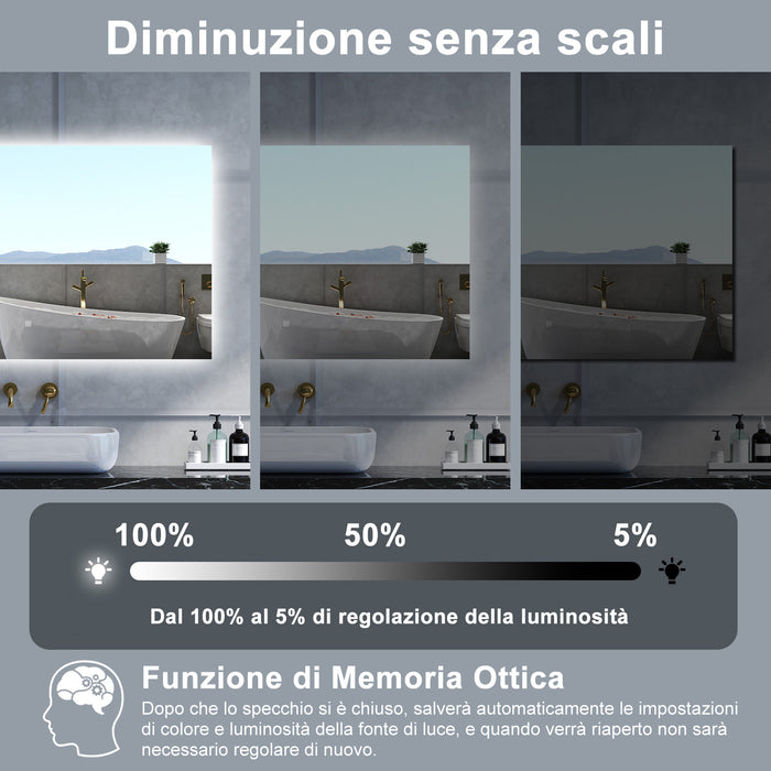 Specchio da bagno Rettangolare con 100x60cm,Memoria, Antifog,Regorabile,Retroilluminato,doppio interruttore,