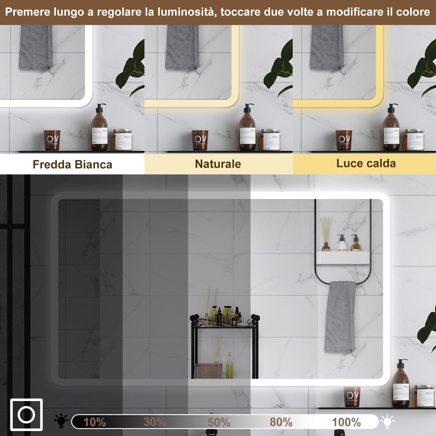 AICA Specchio da bagno  70 x 120 cm, dimmerabile, Blue tooth, Funzione Memoria, antiappannamento, 3 colori