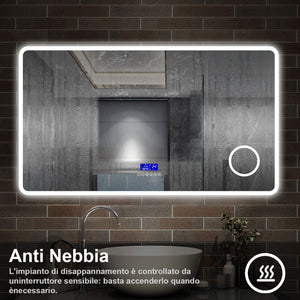 120 x 70 cm,AICA Specchio da Bagno LED con Luce, 3 Colori Regolabili,Blue tooth, Ingrandimento, orologio,memoria, antiappannamento,CRI>90,autospegnimento