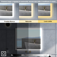 Specchio da bagno Rettangolare con 60x50cm,3 colori,Memoria, Antifog,Regorabile,Retroilluminato,doppio interruttore,