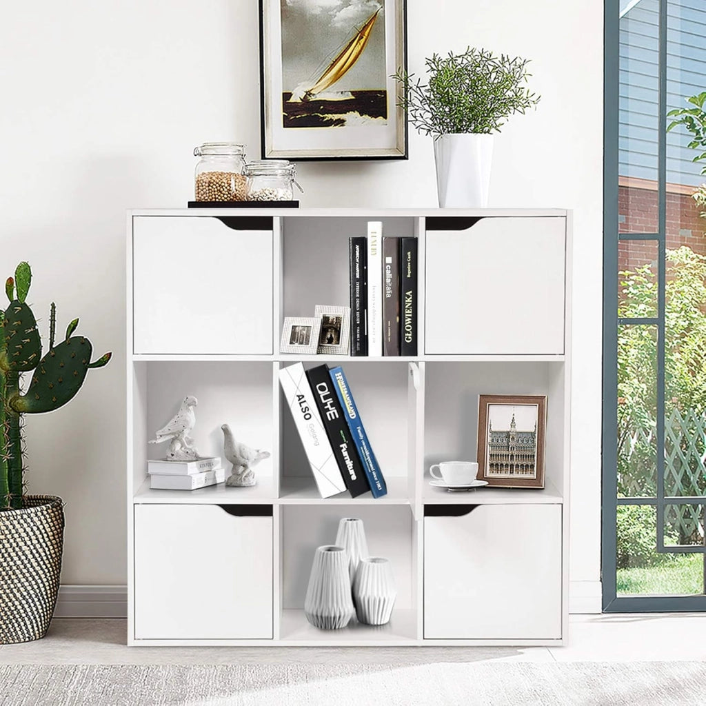 Armadietto Libreria a 3 Livelli, con 6/9 Scomparti, 3/5 Ante, Mobiletto Portalibri Moderno, Multiuso e Salvaspazio, Ideale per Soggiorno, Studio, Ufficio, Camera (Bianco, 90x29x90 cm)