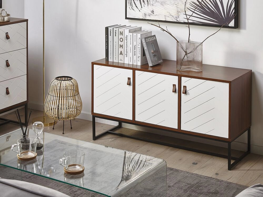 Credenza in Legno Scuro con Gambe in Metallo Bianco Mobiletto Rettangolare Mobile TV 3 Scomparti Ante 62 x 112 cm Mobili Soggiorno