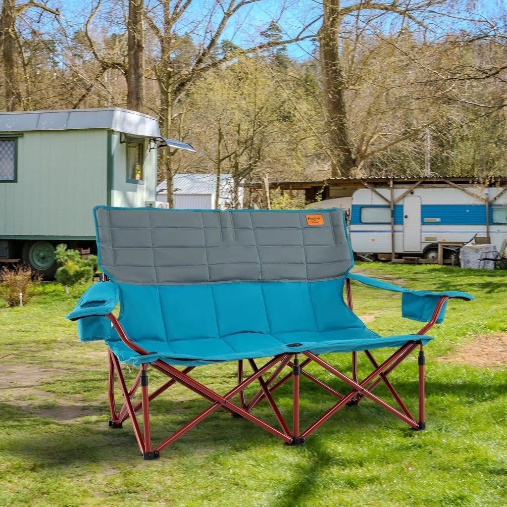 Sedia da Campeggio per 2/3 Persone, Divano per Picnic Pieghevole con Braccioli Regolabili e Portabicchieri, Sedia da Esterno Portatile con Borsa da Trasporto (147 x 69 x 82 cm,Blu)