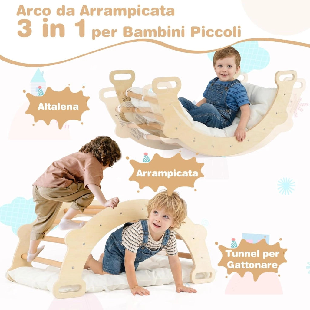 Arco da Arrampicata per Bambini, 3 in 1 Altalena ad Arco in Legno con Cuscino Morbido, Doppia Faccia, Ideale per Bambini 3+ Anni (Stile 2 Naturale)