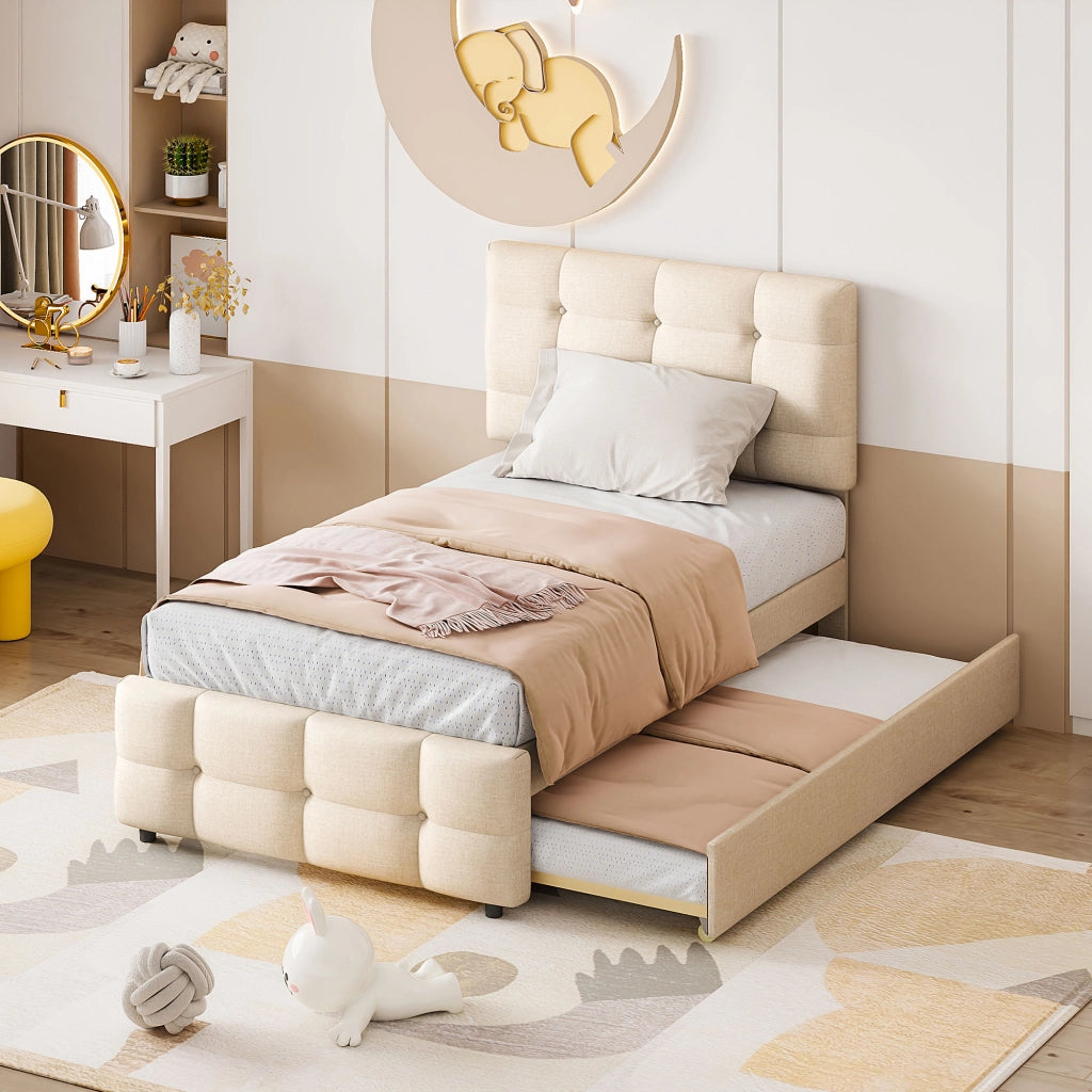 Letto Singolo Imbottito Estraibile ¨C MINIMAL ¨C Testiera Regolabile, Tessuto Beige, 90x200