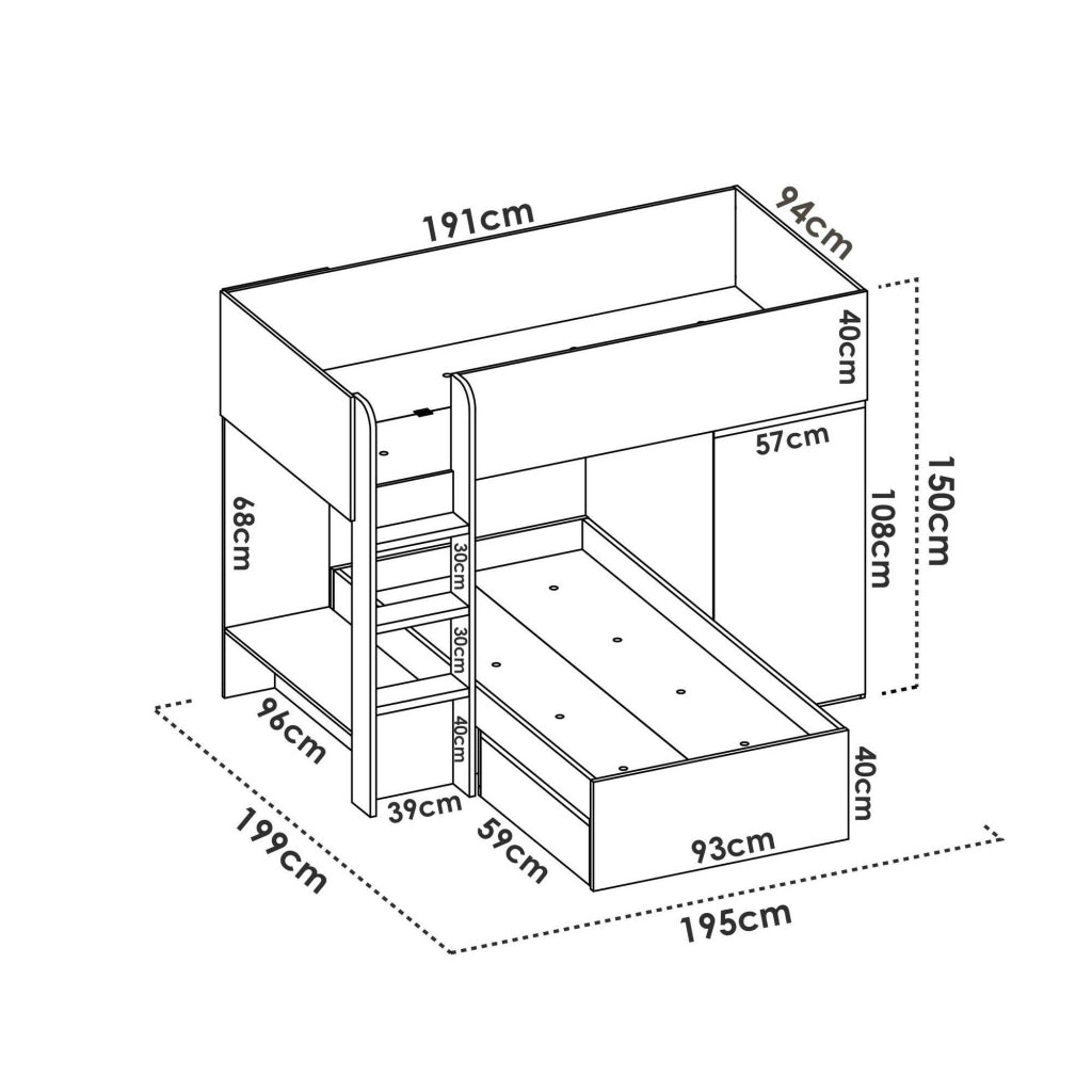 Letto per bambini Pax, Cameretta completa con armadio e cassetti, Composizione letto a castello con due lettini singoli, 255x112h150 cm, Rovere e Antracite