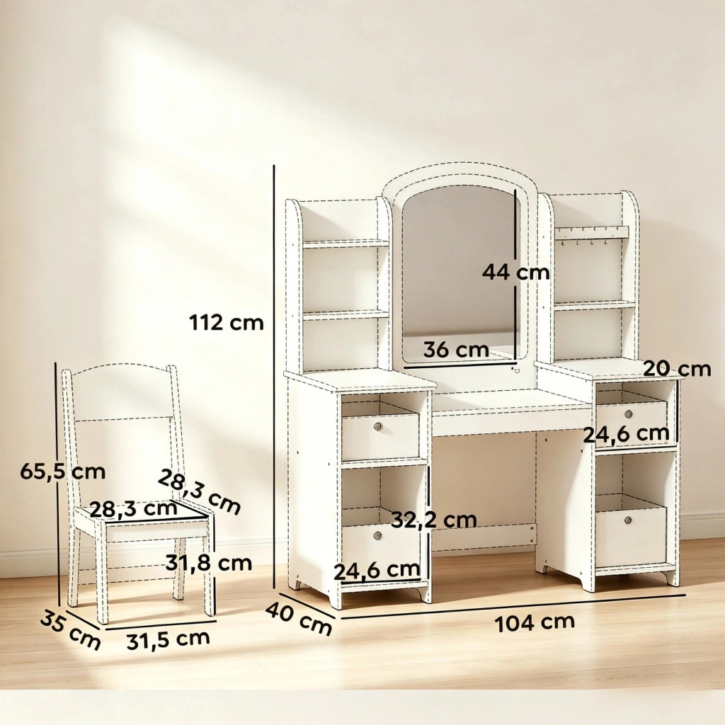 Tavolo da toeletta per bambini 3–8 anni con sgabello e specchio LED