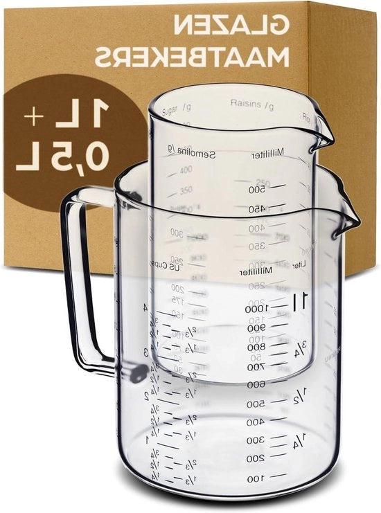 Misuratori con Versaflusso - 1L & 500ml - Resistente al Calore & Resistente al Magnetron - Divisione Scala Precisa - Ideale per Cotture, Cucina e Mescolare Transparente