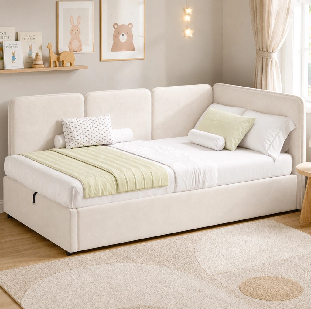 Letto imbottito 90x200 cm con contenitore idraulico in velluto beige