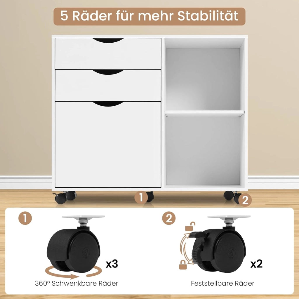 Schedario Mobilet con 3 Cassetti e 2 Ripiani Aperti, Cassettiera con 5 Ruote e Binario per Appendere, Armadio Ufficio per Cartelle e Documenti a4, 80x39,5x69,5 cm, Bianco