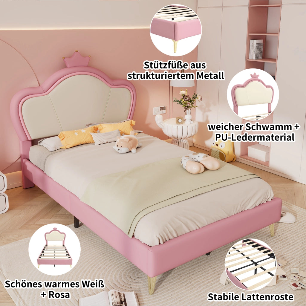 Letto imbottito per bambini con testiera a corona, 90x200 cm, rosa/bianco