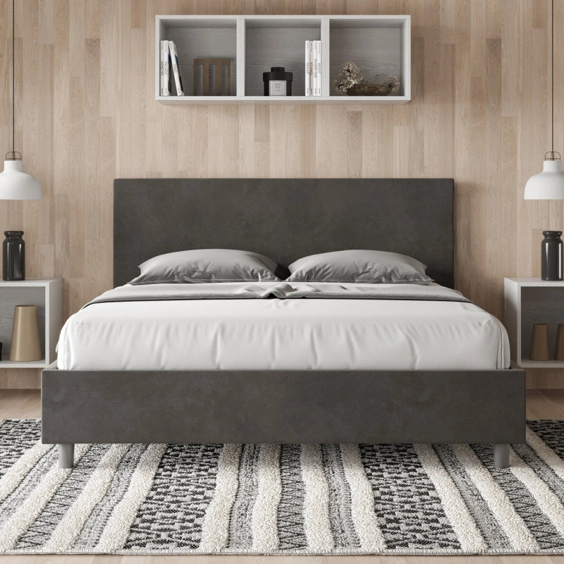 Letto imbottito Letto Matrimoniale alla Francese 150x210 cm Adele - Con rete,Microfibra,Grigio