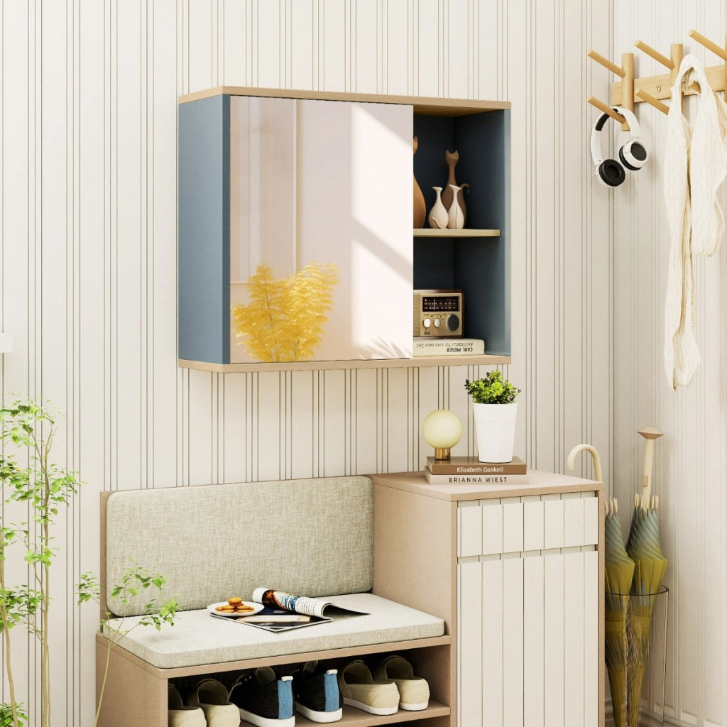 Mobile da parete per bagno con porta specchiata e ripiano regolabile, Armadio per medicina con specchio per soggiorno Grigio-Armadietti per gioielli