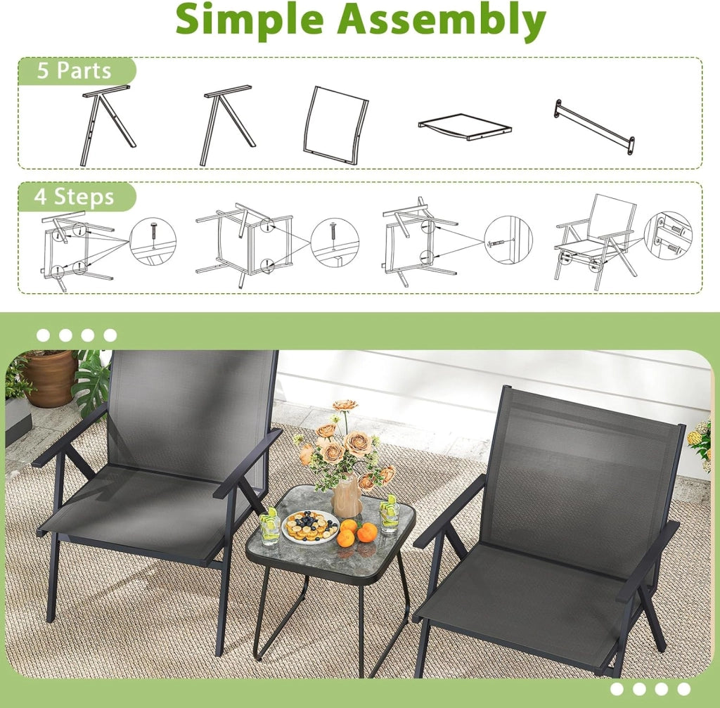 Set di 2 sedie da giardino, da balcone, con schienale traspirante e telaio in metallo, fino a 160 kg, per veranda, balcone