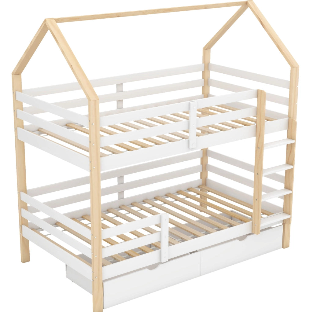 Letto a casetta per bambini matrimoniale 90x200 cm in legno massello bianco e rovere con cassetti