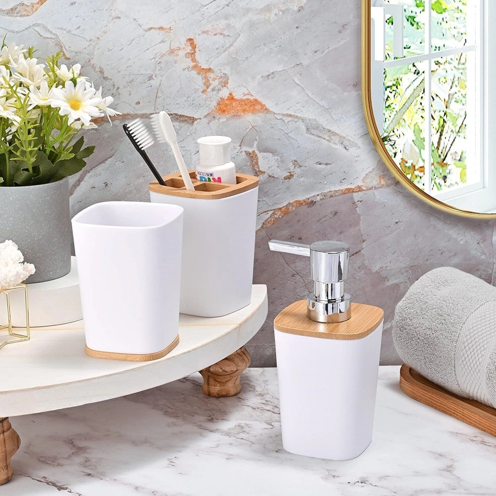 Trade Shop - Set Accessori Bagno In Bambù 6 Pz Moderno Bidone Spazzatura Portasapone Dispenser - Bianco