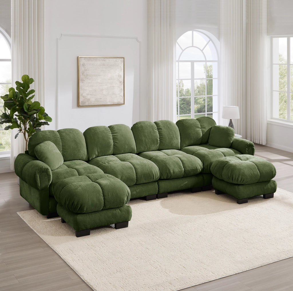 Divano modulare in ciniglia con pouf mobili 330×149×90 cm verde