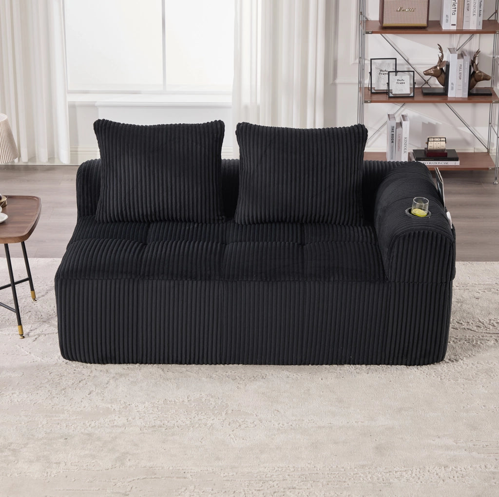 Divano 2 posti in corduroy nero 158x93x61 cm con tasche laterali e portabicchieri
