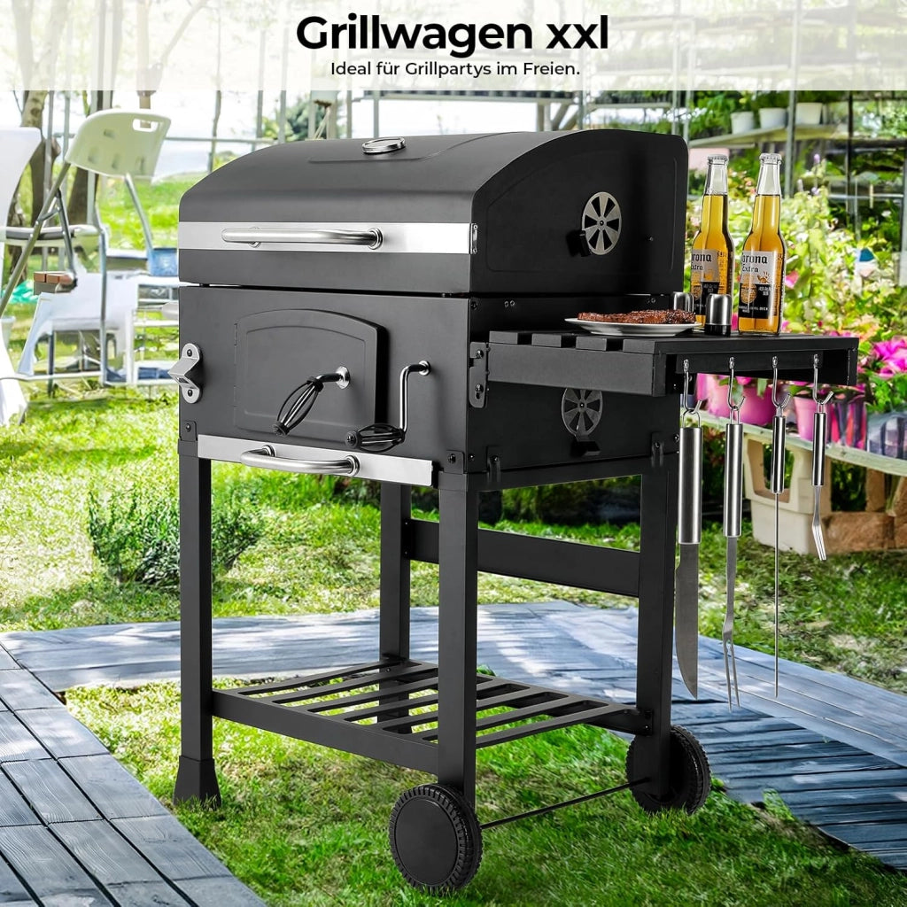 Barbecue Carbonella XL, Barbecue a Carbonella con Coperchio, Griglia per Barbecue con 2PCS Ruote, Termometro, Grande BBQ Smoker con Carrello per Campeggio, Giardino