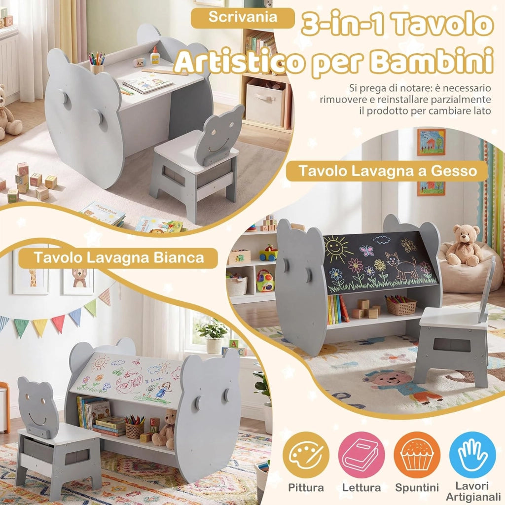 Set Tavolo e Sedia per Bambini 3+ Anni, Tavolo Multifunzionale con Lavagna Bifacciale, Ripiano e 4 Ganci Laterali, Sedia Comoda con Cassetto Rimovibile per Cameretta e Asilo (Grigio)