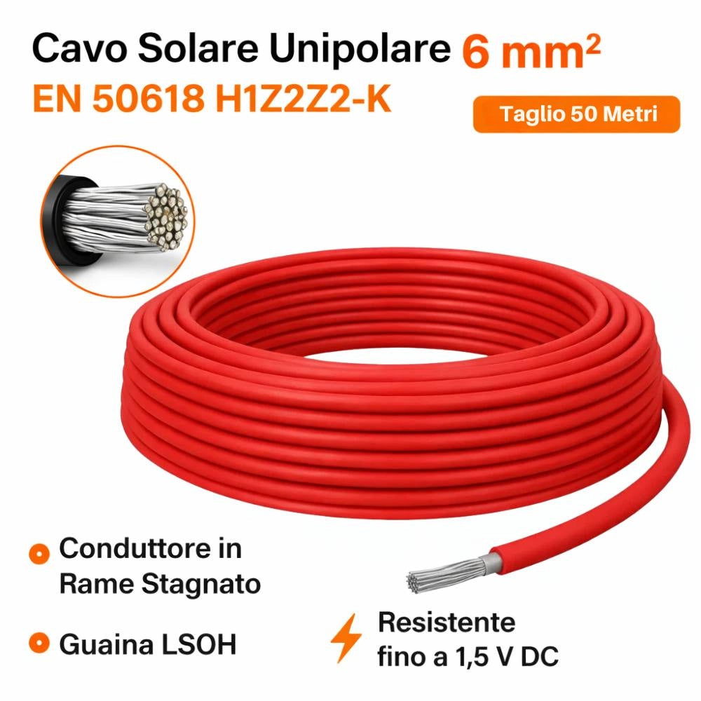 Cavo solare unipolare rosso flessibile 6 mm² per impianti fotovoltaici *** lunghezza metri 50, confezione 1