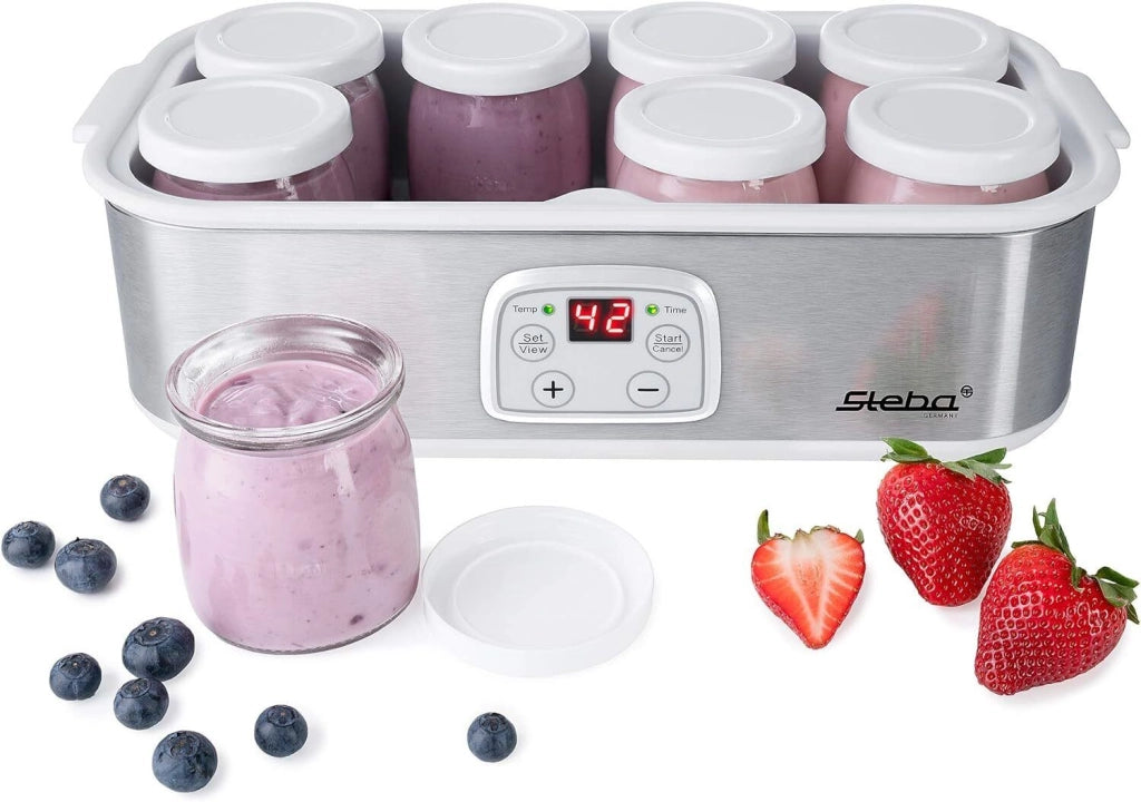 Steba JM 3 Yogurtiera 8 vasetti in vetro da 180 ml 1,4 L Timer 1-48 ore 25 W colore Acciaio inox-Bianco