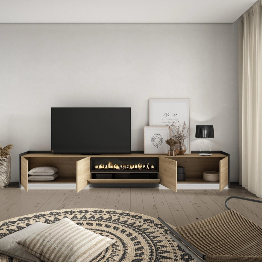 Mobile TV Soggiorno, 310x50x37 cm, Per TV fino a 80", Camino elettrico, LED, Rovere e nero