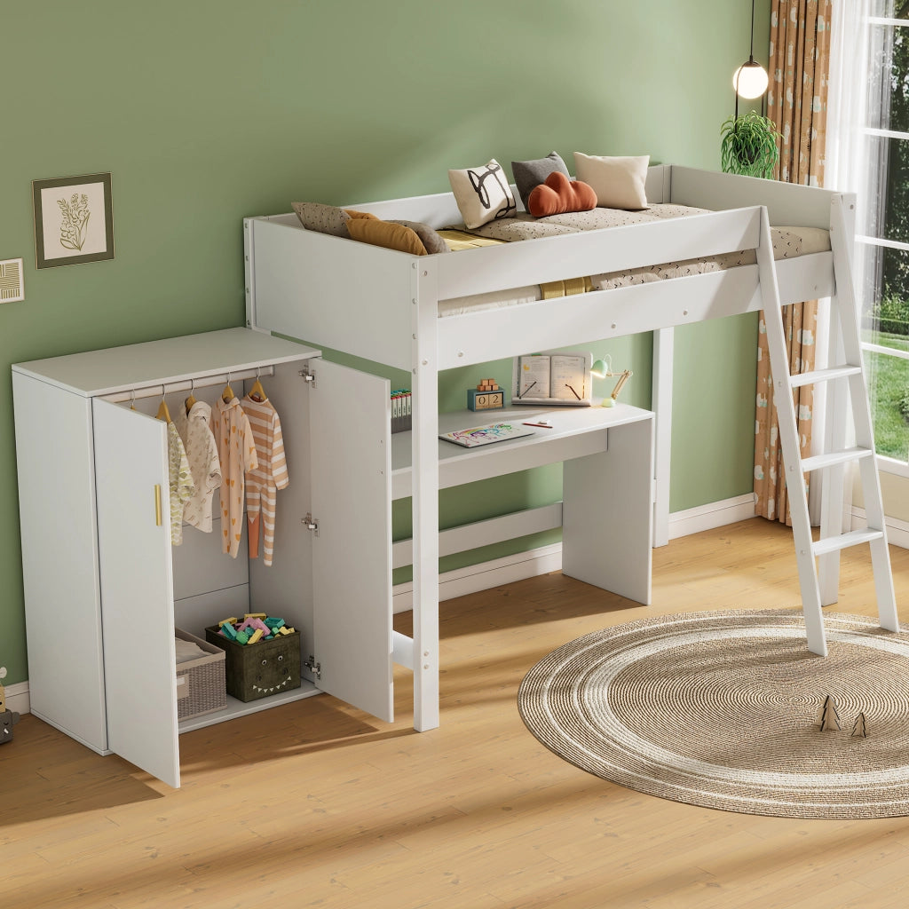 Letto a castello per bambini bianco con scrivania e armadio in legno massello 90x200 cm