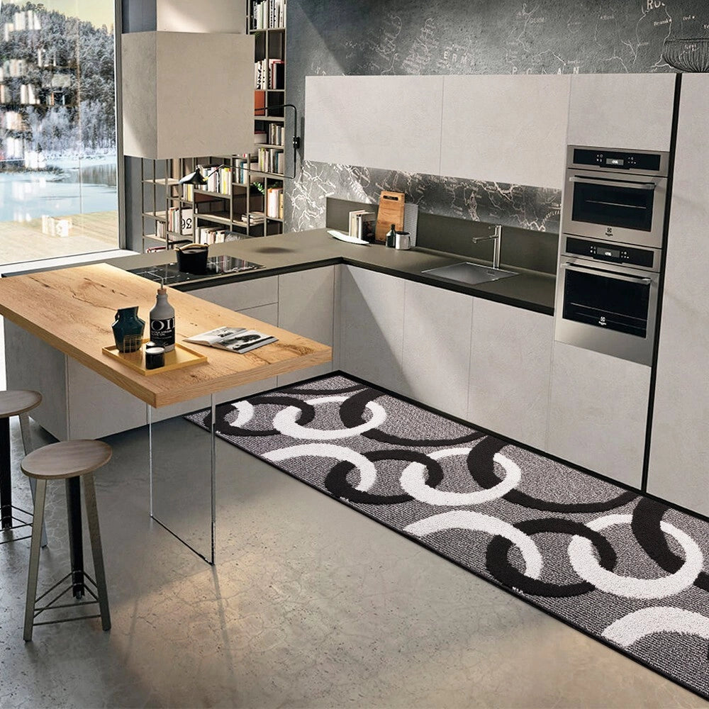 Tappeto Cucina 50x80 Cm Tridimensionale Cerchi 3D Assorbente Morbido Moderno Antiscivolo Nero