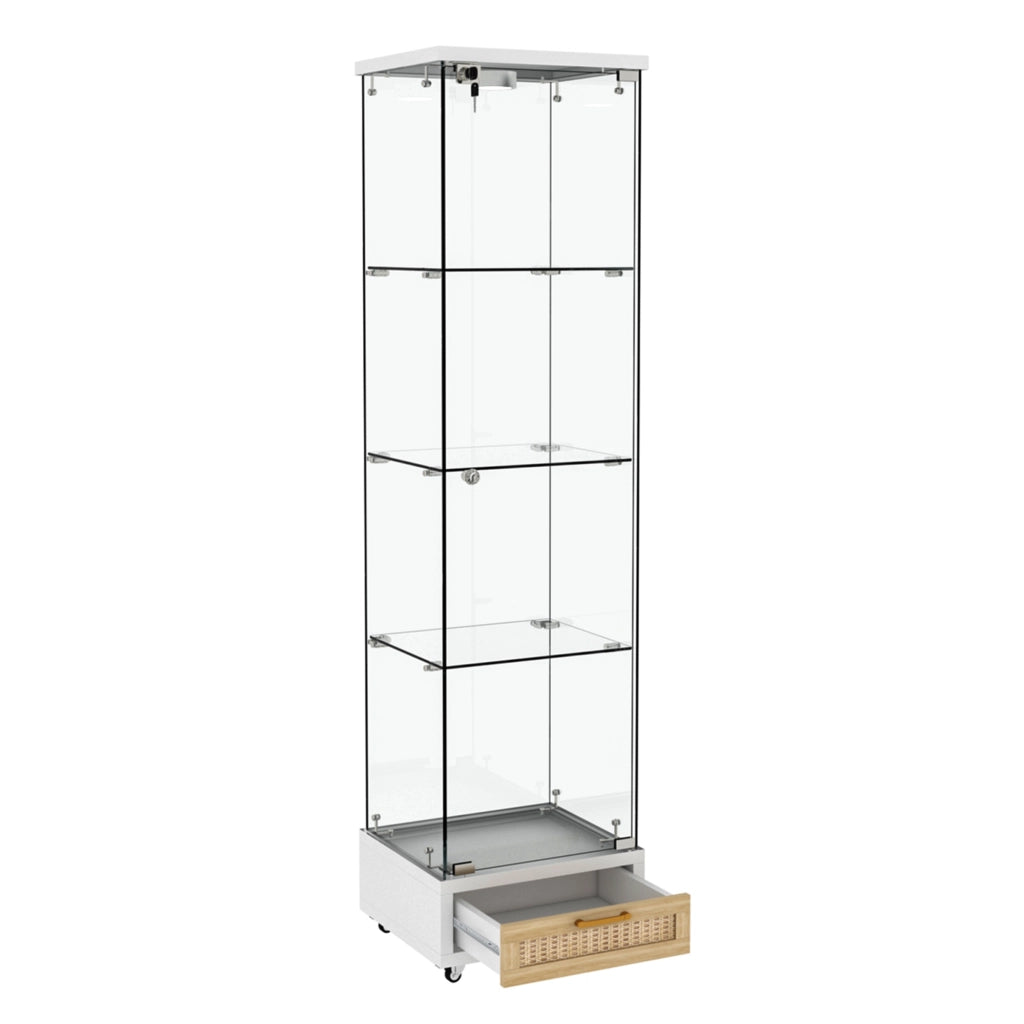 Vetrina con cassetti e LED a 13 colori in MDF e vetro bianco con 4 ripiani e ruote 167 × 42,5 × 36,5 cm