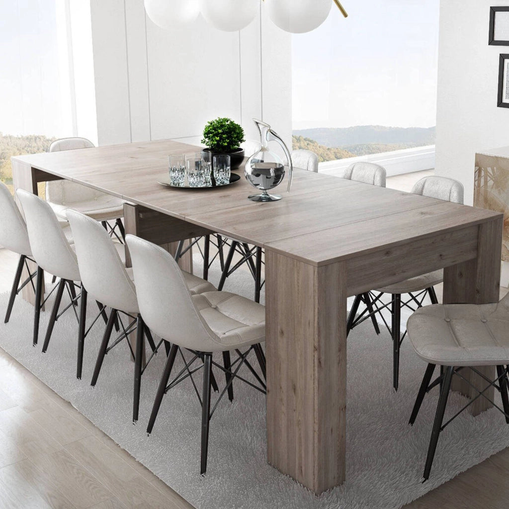 Consolle Ananda, Tavolo da pranzo estensibile fino a 10 posti, Consolle con allunghe moderna, Cm 90x52h78, Marrone Quercia
