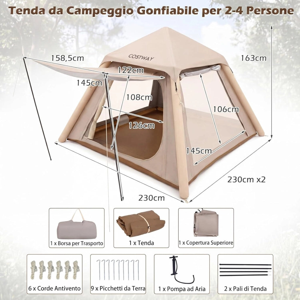 Tenda da Campeggio Gonfiabile, Tenda da Esterno Impermeabile per 2-4 Persone con 2 Porte e Finestre in Rete, Copertura Rimovibile, Pompa ad Aria e Borsa da Trasporto, per Viaggi e Escursionie