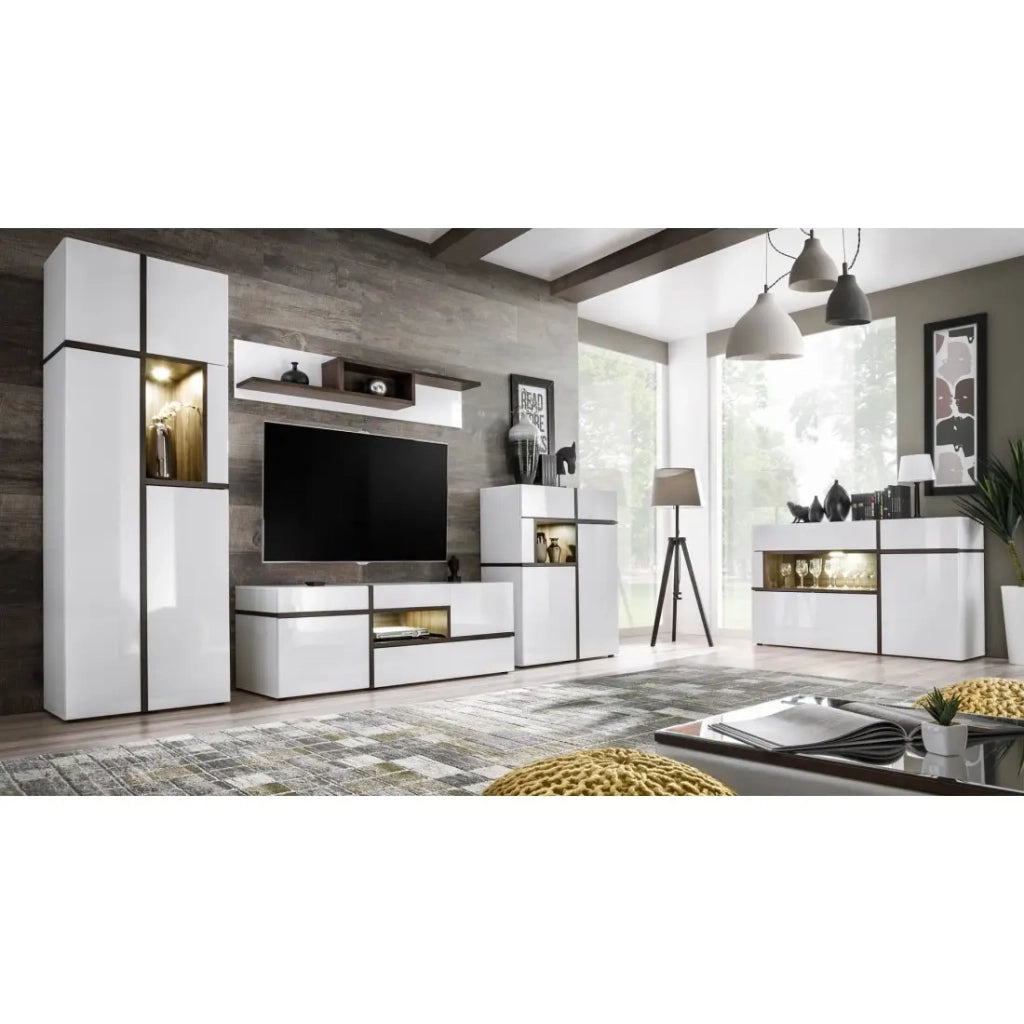 Vetrina bassa CRISS – 2 porte, 2 cassetti, nicchia LED – Bianco lucido e marrone