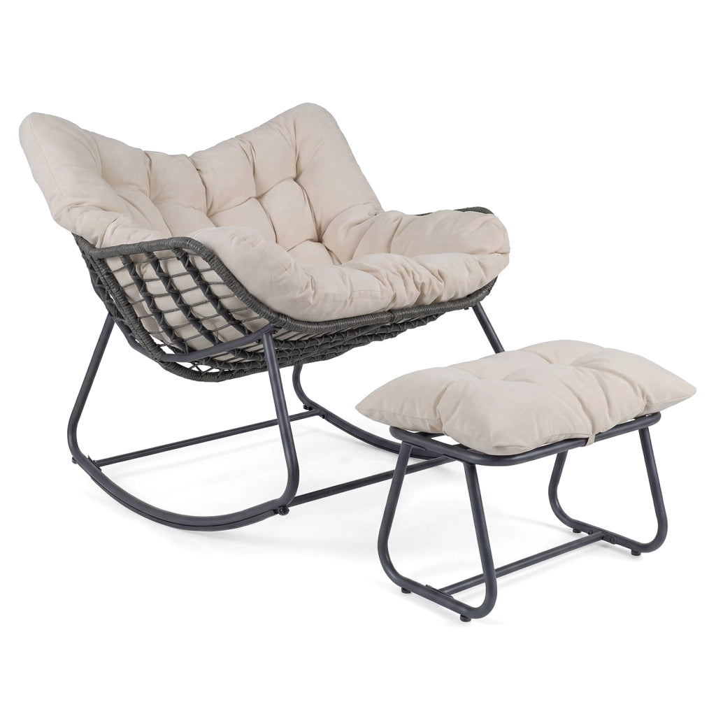 Sedia a dondolo in rattan da interno ed esterno portata 150 kg, Poltrona a dondolo con poggiapiedi e cuscini rimovibili Beige